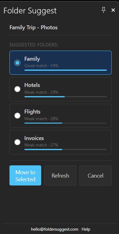 Folder Suggest suggesting the Family folder for an ambiguous email, with Hotels, Flights, and Invoices as ranked alternatives